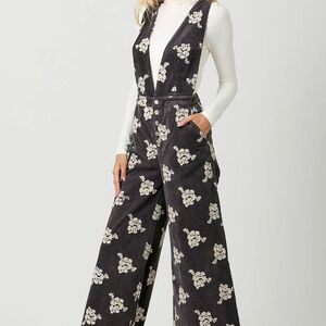 Floral Enbroidered Corduroy Black Jumpsuit Hippie Bohemian Festival Wide Leg